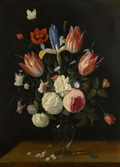 A still life of spring flowers in a glass vase on a table | 《靜物：桌上玻璃瓶中的春日花卉》, Jan van Kessel the Elder