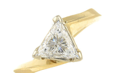 A triangular-shape diamond single-stone ring.