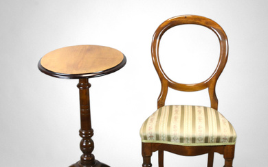 A two piece mahogany veneer column table and chair, 20th century.