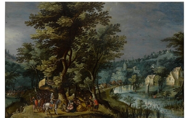 A wooded landscape with the meeting of David and Abigail, Jacques van der Wijen