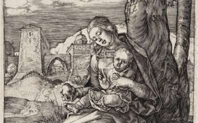 ALBRECHT DÜRER The Virgin and Child with a Pear. Engraving, 1511. 155x107 mm;...
