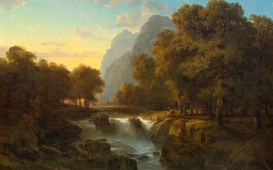 ALEXANDRE CALAME(Vevey 1810-1864 Menton)Paysage arboré avec ruisseau. 1847.Huile sur toile.Signé et daté en bas à...