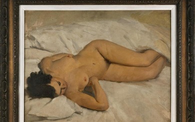 AMERICAN SCHOOL (20th Century,), Reclining female nude., Oil on canvas, 22" x 28". Framed 30" x 36".