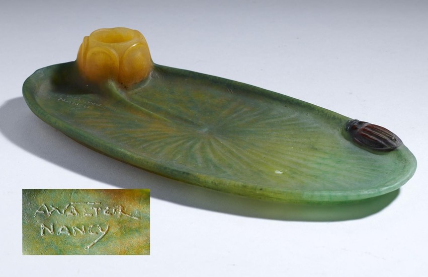 AN AMALRIC WALTER PATE DE VERRE WATERLILY AND BEETLE TRAY, C...