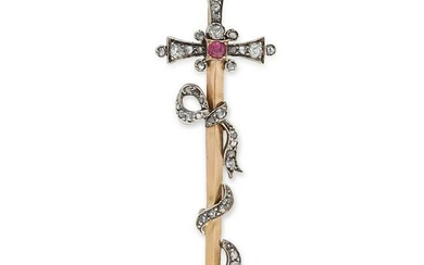 AN ANTIQUE RUBY AND DIAMOND SWORD BROOCH in yellow gold