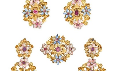 AN ANTIQUE RUBY AND ENAMEL SUITE in yellow gold, comprising a brooch and two pairs of clip earrings