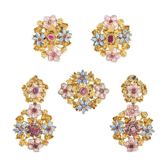 AN ANTIQUE RUBY AND ENAMEL SUITE in yellow gold, comprising a brooch and two pairs of clip earrings