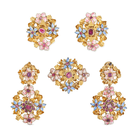AN ANTIQUE RUBY AND ENAMEL SUITE in yellow gold, c ...