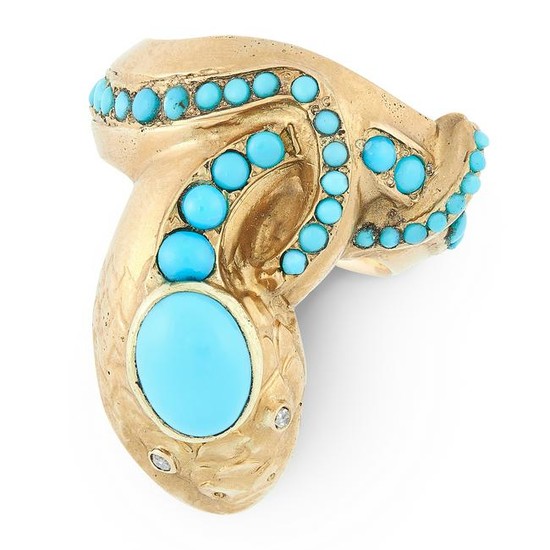 AN ANTIQUE TURQUOISE AND DIAMOND SNAKE RING, LATE 19TH