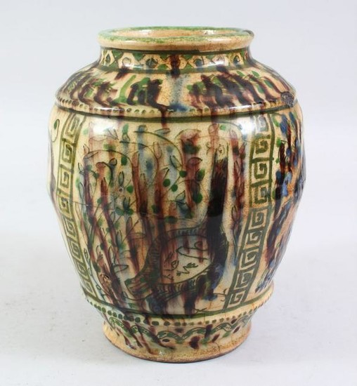 AN EARLY EASTERN POTTERY VASE, painted with panels of