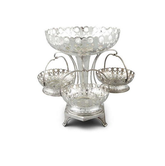 AN EDWARDIAN SILVER PLATED EPERGNE, the central fruit...
