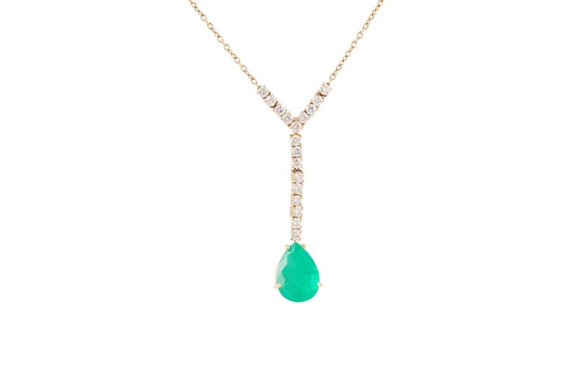 AN EMERALD AND DIAMOND PENDANT, mounted in 18ct yellow gold....