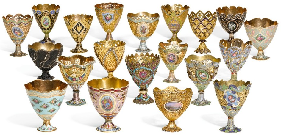 AN IMPORTANT COLLECTION OF TWENTY ENAMELLED GOLD AND GILT ZARFS, MADE FOR THE OTTOMAN MARKET, SWITZERLAND, 19TH CENTURY