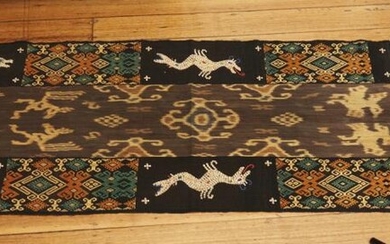 AN INDONESIAN WOVEN WALL HANGING EMBROIDERED WITH SMALL GLASS BEADS AND SHELLS (60 X 250 CM), LEONARD JOEL LOCAL DELIVERY SIZE: SMALL