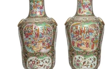 AN UNUSUAL PAIR OF PALATIAL CHINESE CANTON FAMILLE ROSE VASES