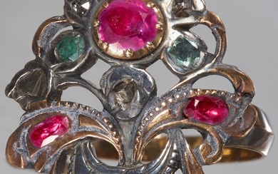 ANTIQUE RUBY EMERALD AND DIAMOND GIARDINETTO RING, Size O. 4...