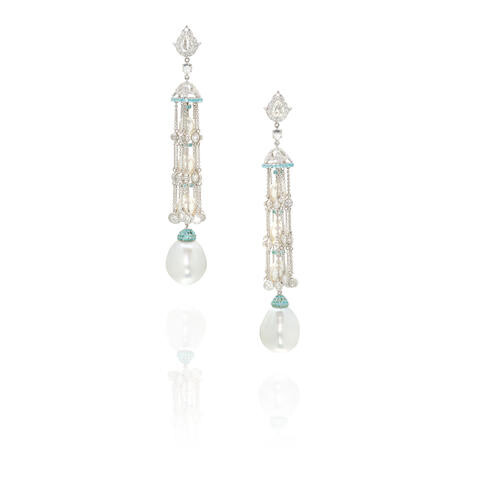 ASSAEL: A PAIR OF 18K WHITE GOLD, CULTURED PEARL, PARAÍBA TOURMALINE AND DIAMOND EARRINGS