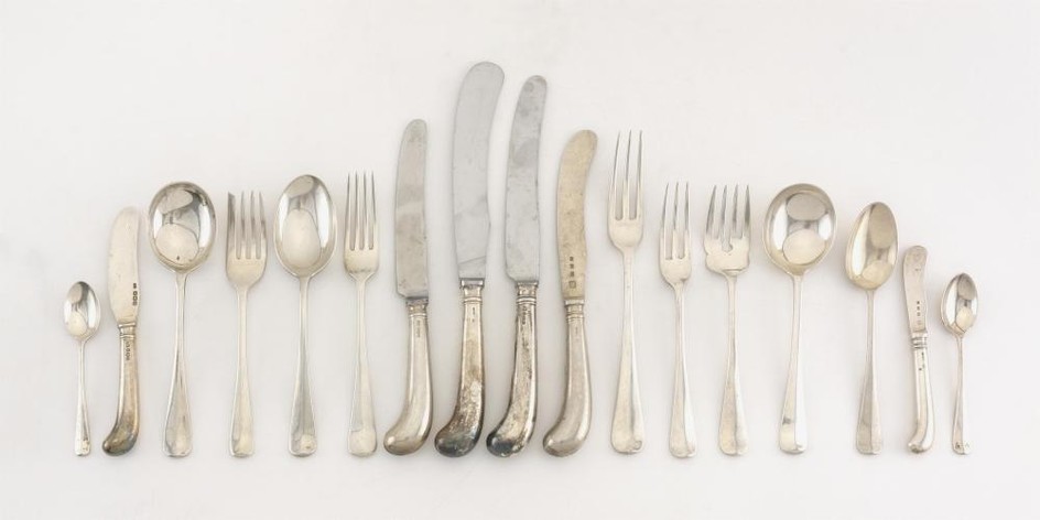 ASSEMBLED ENGLISH STERLING SILVER FLATWARE SERVICE 1-34) Sixteen salad forks, five 6.5" forks, five demitasse spoons, four teaspoons...