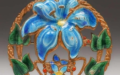 A&C Hammered Copper & Enamel Floral Cutout Brooch c1910