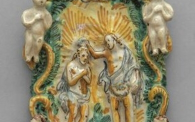 Acquasantiera in ceramica decorata in policromia