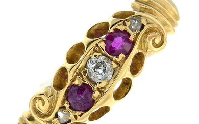 An Edwardian 18ct gold ruby and diamond five-stone ring.