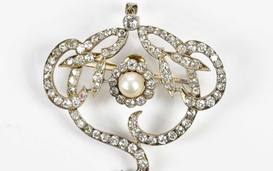 An Edwardian Belle Epoque diamond and pearl set pendant/combination brooch...