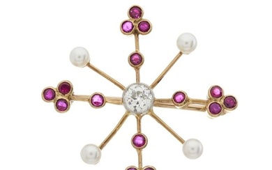 An Edwardian gold diamond, ruby and pearl brooch