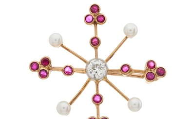 An Edwardian gold old-cut diamond, ruby and pearl brooch, di...