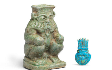 An Egyptian green faience seated Bes and an Egyptian blue faience Bes amulet
