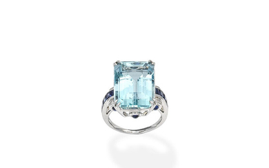 An aquamarine, sapphire and diamond dress ring