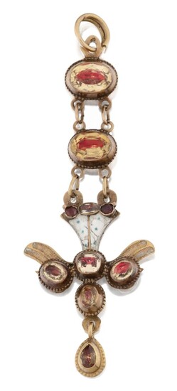 An early 19th century Iberian, rock crystal and enamel Holy Spirit pendant, modelled as a dove of the Holy Spirit pendant drop with spread wings, set with three foiled rock crystal collets with matching drop and white enamel pique detail, and later...