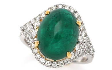 SOLD. An emerald and diamond ring set with an emerald weighing app. 7.17 ct. encircled by numerous diamonds, mounted in 18k gold and white gold. Size app. 52.5. – Bruun Rasmussen Auctioneers of Fine Art