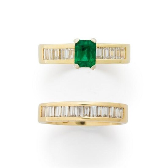 An emerald, diamond and eighteen karat gold wedding