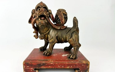 Antique Asian Polychrome Painted Fu Dog Carved Wood Statue