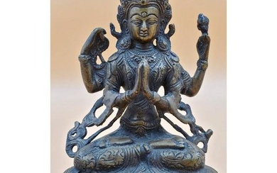 Antique Bronze Tibetan Buddhist Statue of Four-Armed Chenrezig