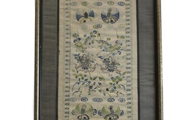 Antique Chinese Silk Embroidered Panel, framed. Off white silk