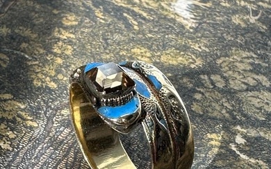 Antique Early Victorian Blue Enamel and Table Cut Diamond Snake Ring