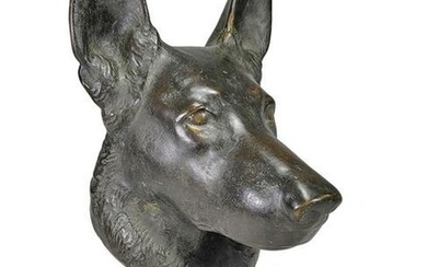 Antique European bronze & marble dog head sculpture