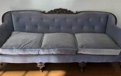 Antique French Rococo Carved Blue Velvet Sofa