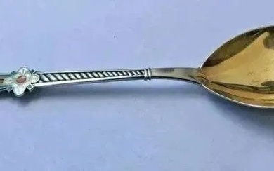 Antique RUSSIAN ENAMEL Sterling SILVER Large SPOON 7"L Gold wash