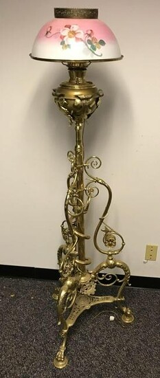 Antique brass Victorian piano lamp with glass shade