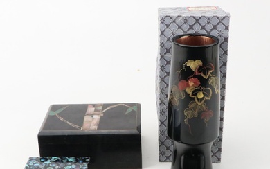 Ariki Paua Shell Box with Japanese Lacquered Vase and More