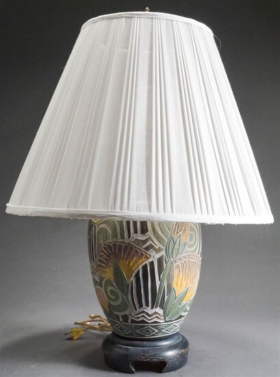 Art Deco Style Carved Polychrome Pottery Table Lamp, H overall: 28 in