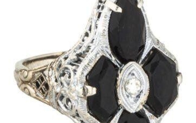 Art Deco White Gold Black Onyx and Diamond Filigree