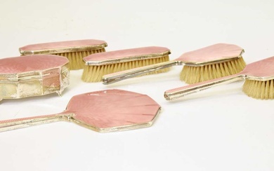Art Deco silver and pink enamel six-piece vanity set including trinket box