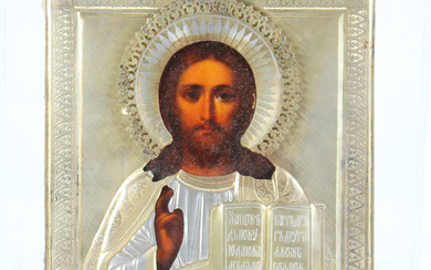Arte russa, secolo XIX. Cristo della Deesis, icona a tempera su tavola con riza in argento dorato (cm 27x22) (difetti)