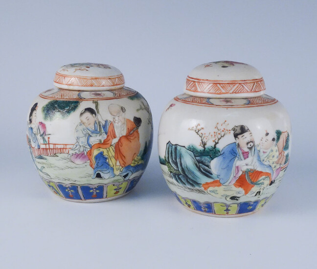 At Least Early 20c Pair Aisian Hand Painted Covered Porcelain Jars AFR3SH