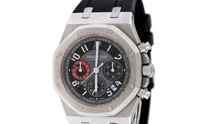 Audemars Piguet Royal Oak wristwatch, men, provenance documents, stainless steel, d=42 mm / Men's Audemars Piguet Royal Oak wristwatch, reference 25979ST.0.0002CA.01, automatic movement. Black and grey dial with Arabic numerals, three registers and...