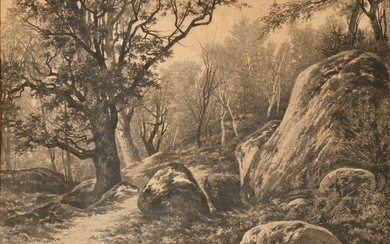 Auguste ALLONGÉ (1833-1898) Rochers en forêt de Fontainbleau Dessin au crayon et fusain Signé en...