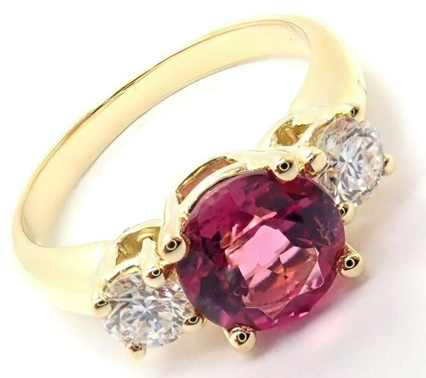 Authentic! Tiffany & Co 18k Yellow Gold Three Stone Diamond Tourmaline Band Ring